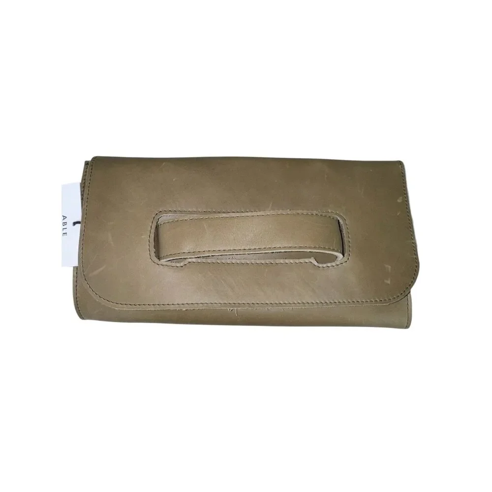 ABLE Mare Leather Olive Green Clutch Handle Handmade Ethiopia Purse‎ NEW